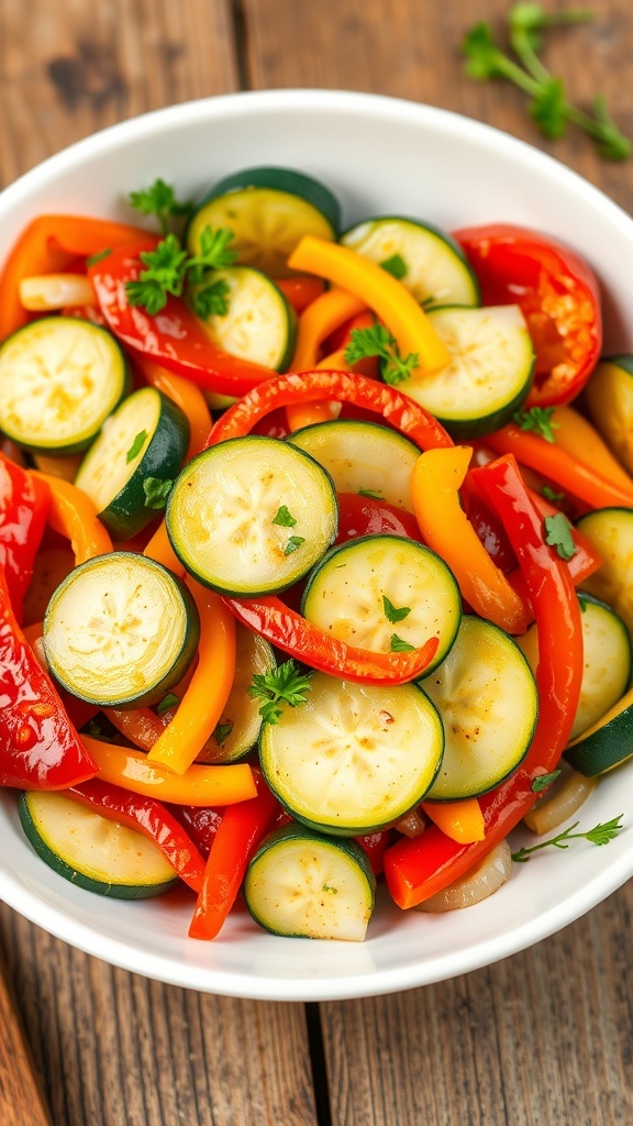Sautéed Zucchini and Vegetable Medley A bowl of sautéed zucchini and bell peppers with onions, garnished with herbs, on a rustic table.